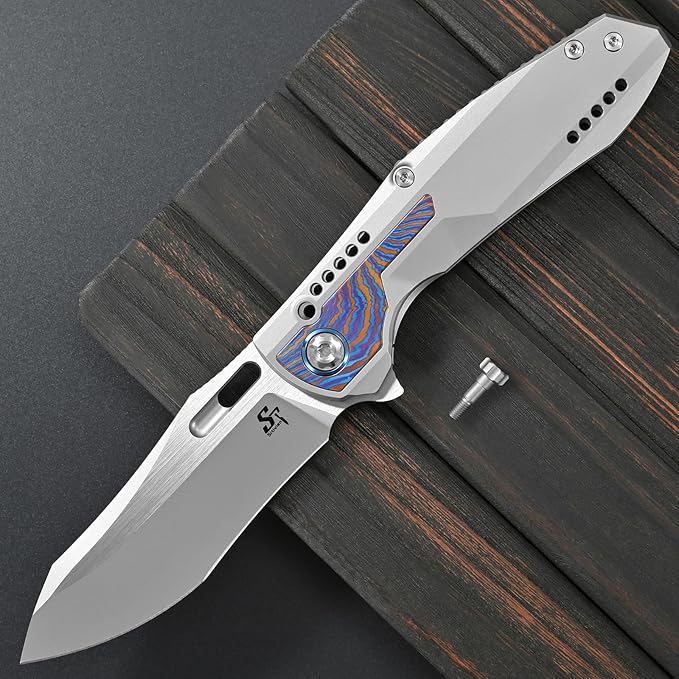 Sitivien ST275 Folding Knife M390 Steel Blade Titanium and Timascus Handle Knife with Safety Lock Frame Lock for Outdoor Camping Hiking Survival