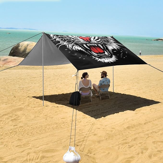 Roaring Tigers Black Beach Cabana UPF50+ Waterproof Portable Sun Shelter with Sandbags and Shovel for Backyard and Camping