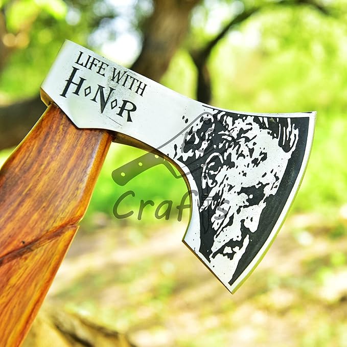 Viking Axe with Ragnar Lothbrok Face Etched - FS Crafts Axe001 - Handmade High Carbon Steel Ragnar Axe with Sheath - Viking Etched Axe for Camping Hunting Outdoors