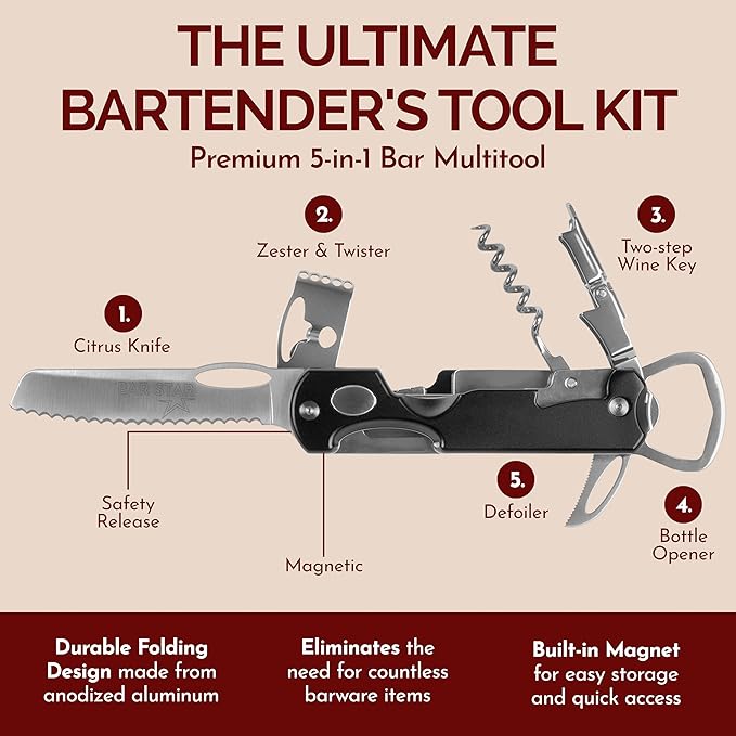 Bartender's All-in-One Bar Tool Set: Corkscrew Zester Citrus Knife and Bottle Opener Kit with Magnet for Picnics Tailgating BBQs Camping Travel Beach Parties and Bartending Blue