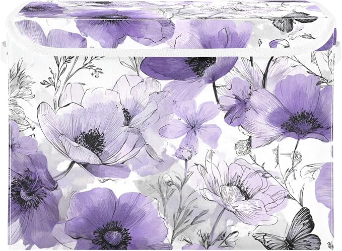 Elegant Purple Flowers Butterflies Storage Box with Lid 1 PC Foldable Storage Bin with Lids Stackable Storage Bins Cube Closet Organizer Basket with Flip-Top Lid &amp Handles for Shoes Books Towels