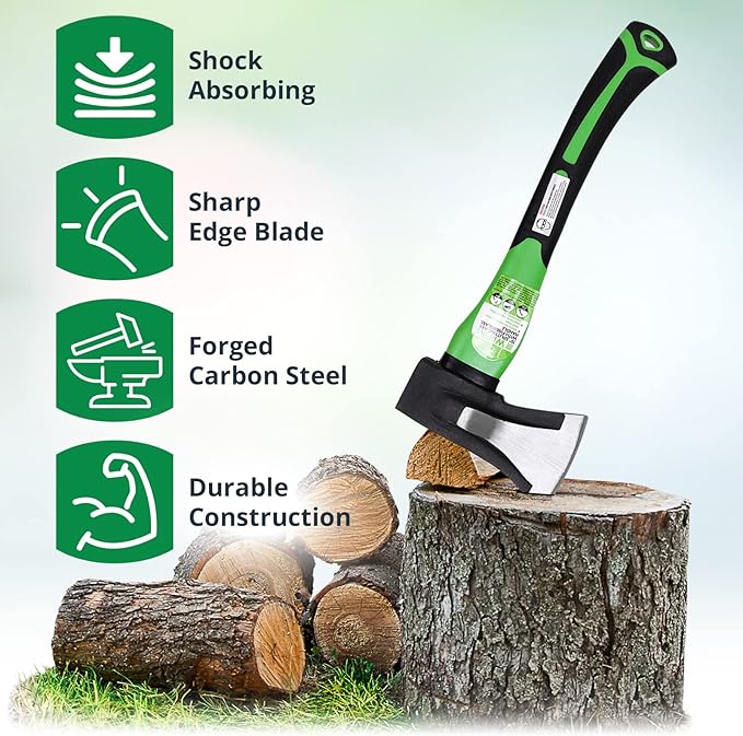 WilFiks Splitting Axe 15” Camping Hatchet for Chopping and Kindling Wood and Branches Forged Carbon Steel Hand Maul Tool for Gardening Fiberglass Shock Reduction Handle with Anti-Slip Grip