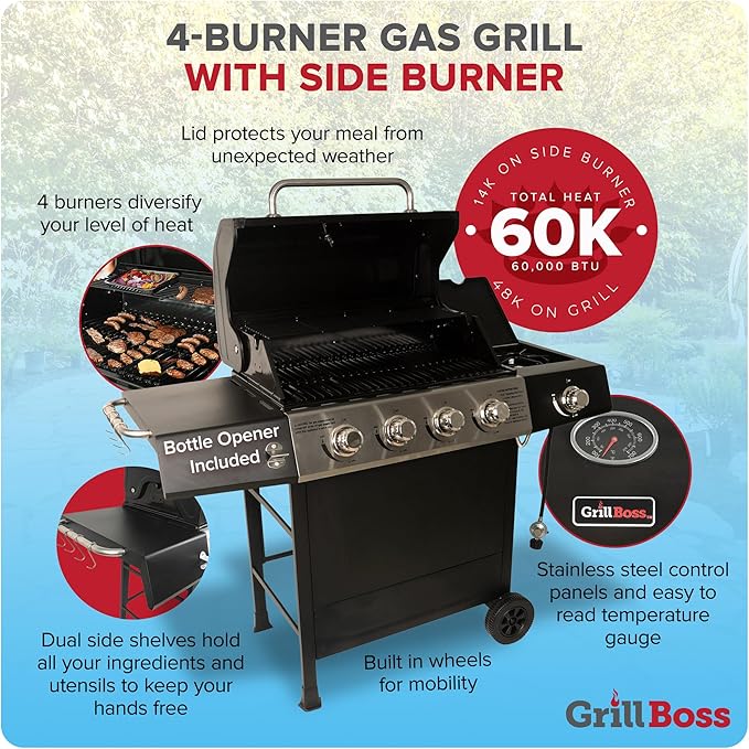 Grill Boss 4 Burner Propane Gas BBQ Portable w/ Lid Wheels &amp Side Shelves Black - Grilling Accessories and Equipment for Camping Tailgating Outdoor Barbecue and Cooking