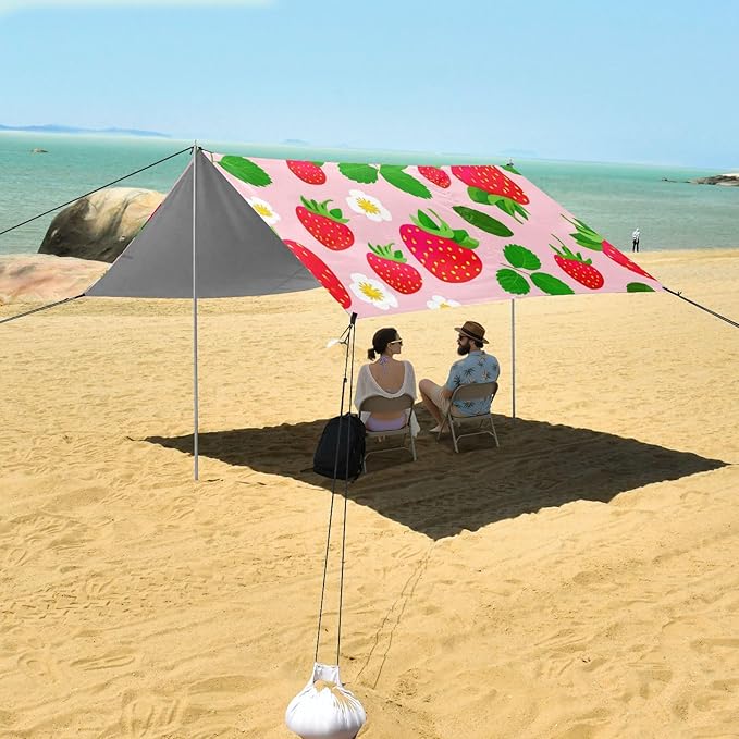xigua Strawberries Beach Tent Sun Shelter with Carrying Bag - Silver Coated Oxford Fabric Beach Canopy for Beach Camping Fishing - Includes Windproof Ropes Sandbags &amp Stakes