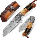 Japan Handmade Damascus steel steel Folding Pocket Knife3.5 in High hardness bladeFrame LockWith Leather Sheathresin and Maple handleMountaineering go fishing hunting Adventure Knifee
