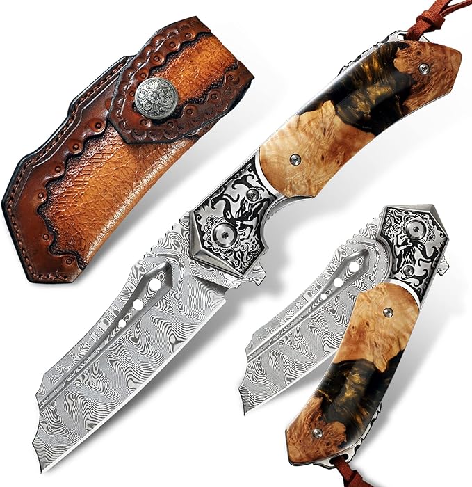 Japan Handmade Damascus steel steel Folding Pocket Knife3.5 in High hardness bladeFrame LockWith Leather Sheathresin and Maple handleMountaineering go fishing hunting Adventure Knifee