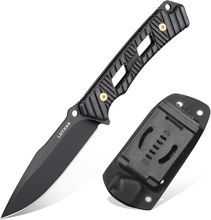 LOTHAR KA52 Fixed Blade Knife with Sheath D2 Steel Survival Tactical Hunting Knife for Camping Bushcraft Outdoor Vertical Horizontal Carry Cool Full Tang Knives Survival Tactical Gear Christmas Val