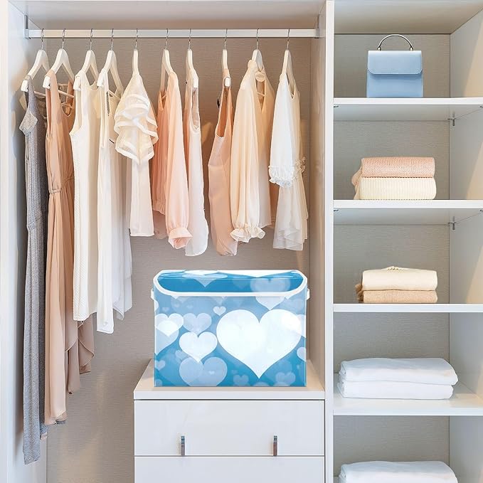 senya Valentines Baskets Collapsible Storage Bins with Lids Blue Abstract Heart Storage Boxes Clothes Baskets for Organizing