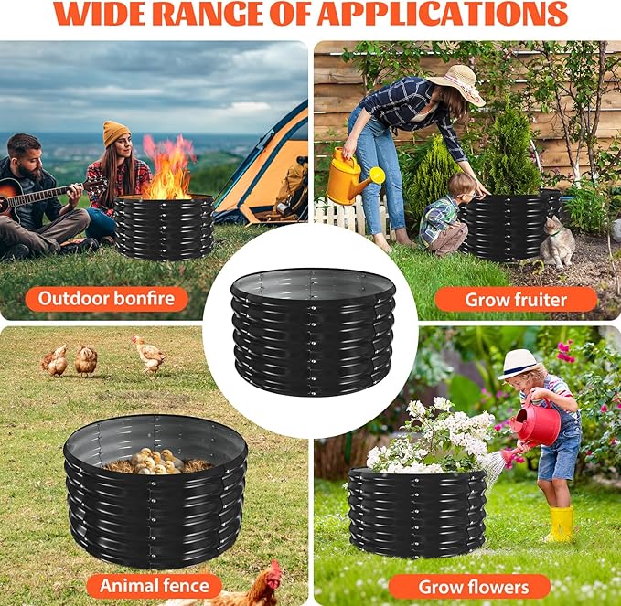 YSEJOMP 32 Inch Round Galvanized Fire Pit Ring/Fire Ring - Foldable and Perfect for Outdoor Gatherings and Campfires in The Yard/Garden/Park/Beach (Black+Gray 2.7 FT Diameter+1.5 FT Tall)