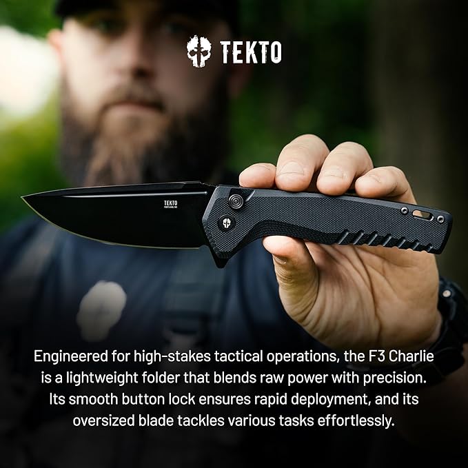 TEKTO F3 Charlie Button Lock Folding Knife Oversized Fine Edge Blade - Easy Open Pocket Knife with Titanium Coated D2 Steel &amp Black Titanium Barrel Spacers