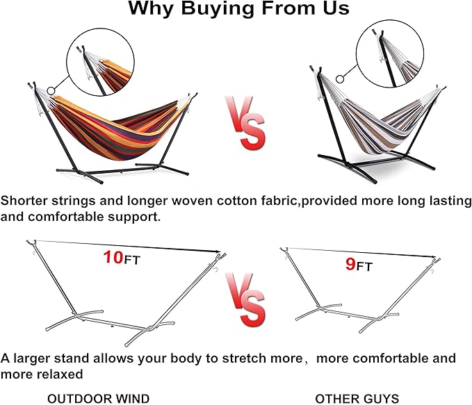 550lbs Capacity Double Hammock Adjustable Hammock Bed with 10ft Heavy Duty Steel Stand Includes Portable Carrying Case Easy Set up
