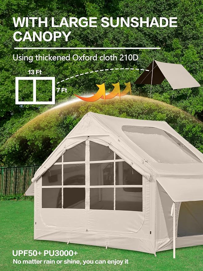 Inflatable Camping Tent2/4/6/8 Person Glamping Inflatable Tents with Awning Quick Setup Blow Up Tents with Pump Waterproof Oxford Inflatable House for Camping Air Glamping Hot Tents for Adult