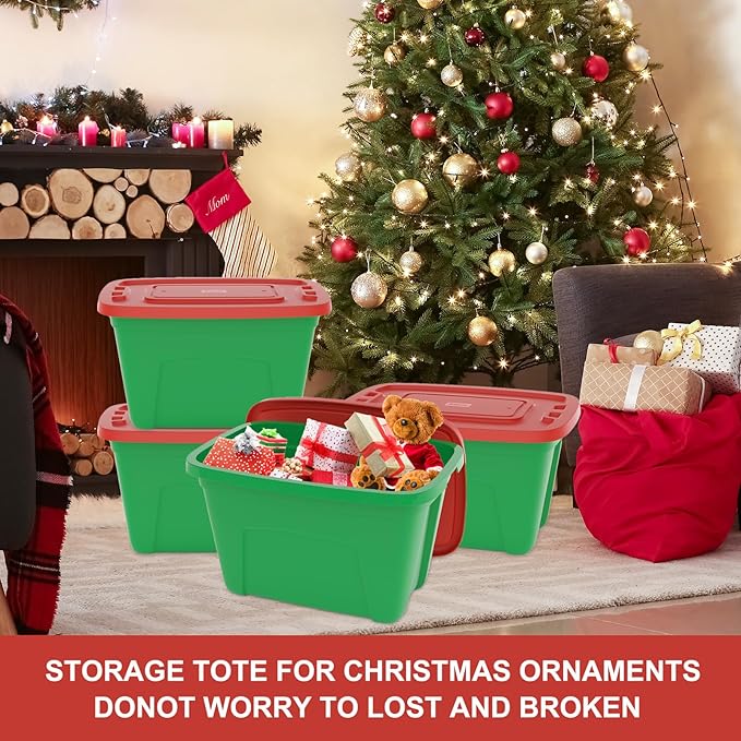 4-Pack Christmas Storage Totes with Lids - Made in USA 18-Gallon(72-Quart)Red Storage BinsHoliday OrganizerPlastic Stackable Large Storage Boxes for HomeOfficeGarageBasement Red/Green