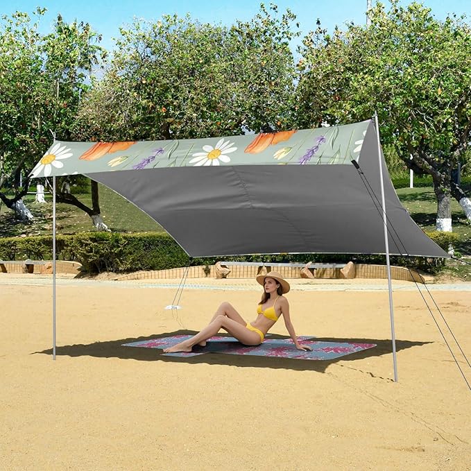 xigua Wildflowers Beach Tent Sun Shelter with Carrying Bag - Silver Coated Oxford Fabric Beach Canopy for Beach Camping Fishing - Includes Windproof Ropes Sandbags &amp Stakes