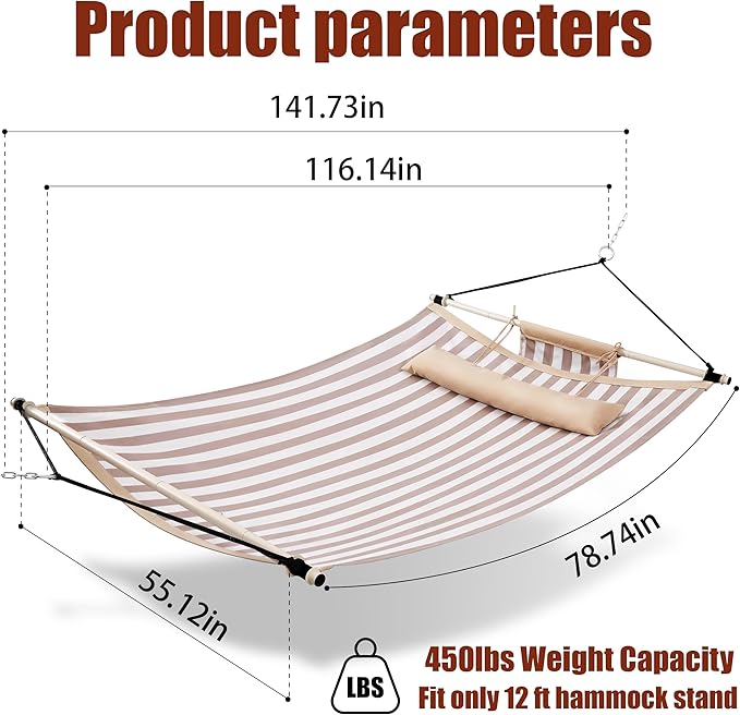 TegerDeger Anti-flip 12FT Hammock Large Hammock 450LB Capacity with Iron Spreader Bar &amp Nylon Rope for Outside Patio Garden Backyard Beach - Beige Strips