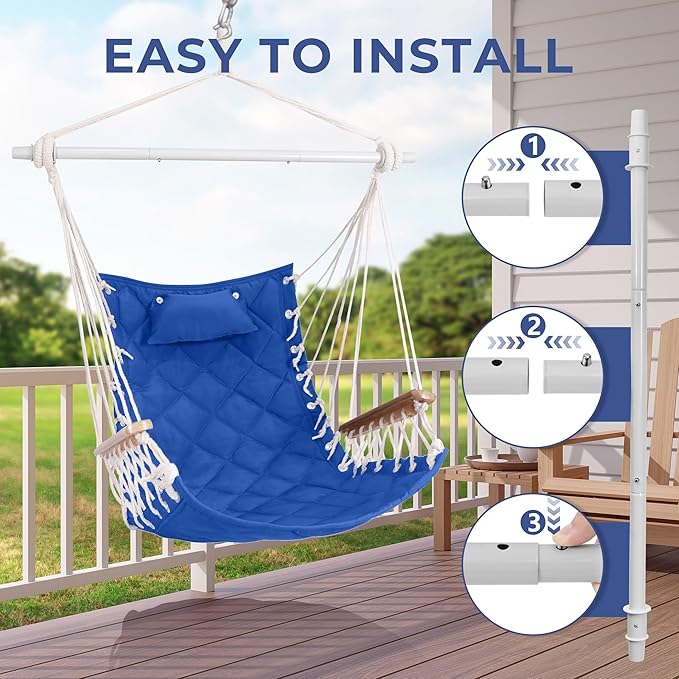 Hammock Chair Hanging Swing with Wooden ArmrestSteel Spreader BarPillowsHardware kit IncludedCotton WovenUp to 350 Lbsfor Indoor Outdoor Blue