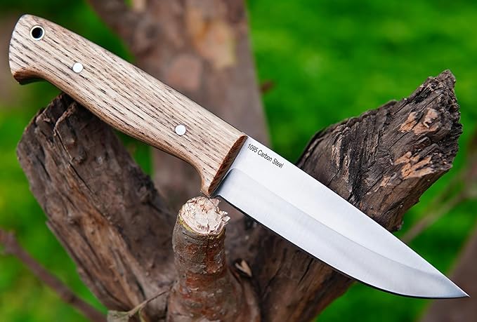 Ottoza Full Tang Bushcraft Knife with 1095 Carbon Steel Fixed Blade - Survival and Outdoor Camping Knife - Ash Wood Handle Brown Leather Sheath 403