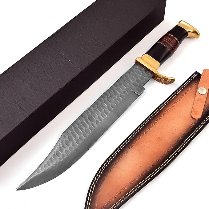 15.5 Long hand forged hammered Carbon steel Hunting Bowie Knife Bull horn and Rose wood scale with Brass finger guard &amp Pommel Over 10 sharp clip point blade cutting edge Cow Hide Leather she