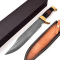 15.5 Long hand forged hammered Carbon steel Hunting Bowie Knife Bull horn and Rose wood scale with Brass finger guard &amp Pommel Over 10 sharp clip point blade cutting edge Cow Hide Leather she