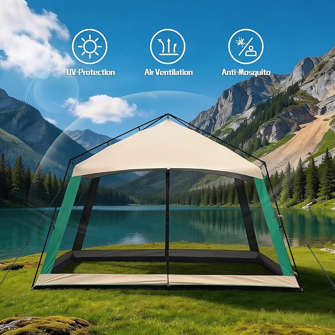 12 x 12 FT Camping Screen Tent for 8-10 Person Easy Setup Screen House with UV 50+ Sun Protection &amp Mosquito Net for Camping Backyard Picnic Patio Outdoor Beige &amp Cyan