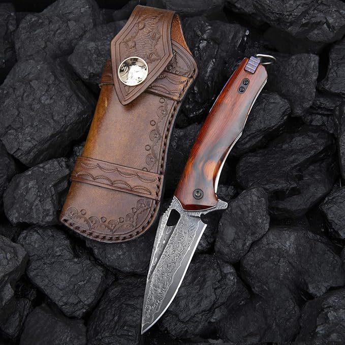 Damascus steel multifunctional EDC folding knife with self assembling pocket clip lining lock leather sheath one piece disassembly pocket knife