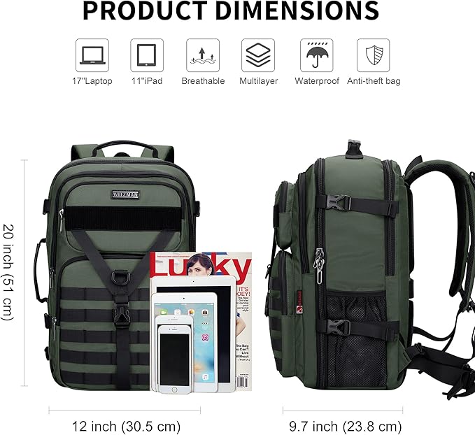 WITZMAN Carry On Travel Backpack for Men Large Convertible 45L Fit 17 Inch Laptop Backpack 3 in 1 Bag for Airline Approved(B688 Light Green)