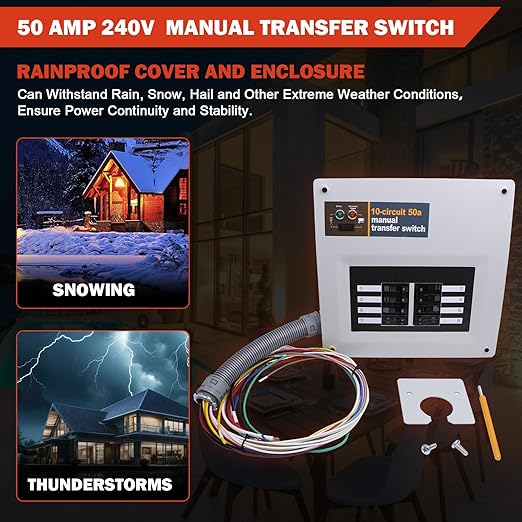 50 Amp 240V Manual Transfer Switch Kit Indoor Pre-Wired 10-Circuit Selector Compatible with Generac 9854for Portable Generators Such as XG10000E XP10000E GP15000E and GP17500E