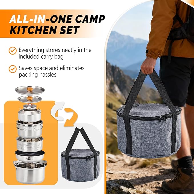 ROVSUN 34/10/6 pcs Camping Cookware Mess Kit Lightweight Non-Stick Camping Cooking Pot and Pan Set with Stainless Steel Camping Gear Kettle Cup for Open Fire Backpacking Outdoor Cooking
