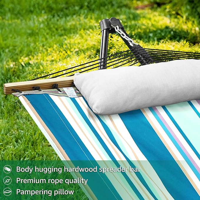 Tranquillo Unity Adjustable Hammock Stand 800 lbs Capacity Steel Double Hammock Stand for 2 Persons Premium Pre-Assembled Stand for Indoor Outdoor Blue Leaf