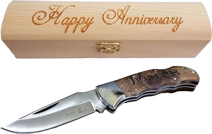Engraved Pocket Knife With Personalized Wood Box | Anniversary for him | Unique 7 year Gifts For him