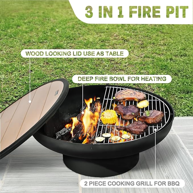 Panovue 32in Fire Pit Table with LidHeavy Duty and Deep Fire BowlOutdoor Wood Burning BBQ Grill Firepit Bowl with Cover Lid Fire Pit for Outside Table for Backyard Bonfire Patio Picnic