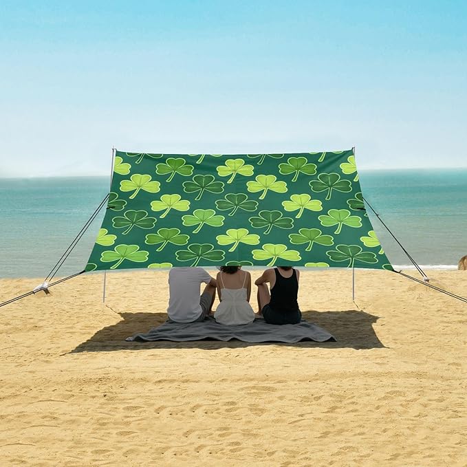xigua St. Patrick's Day Beach Tent Sun Shelter with Carrying Bag - Silver Coated Oxford Fabric Beach Canopy for Beach Camping Fishing - Includes Windproof Ropes Sandbags &amp Stakes