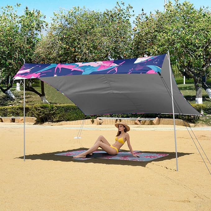 Shark Ocean Navy Blue Oil Painting Beach Tent UPF50+ Easy Setup Large Sun Shelter with Sand Shovel Sandbags for Camping Picnics Backyard &amp Fishing
