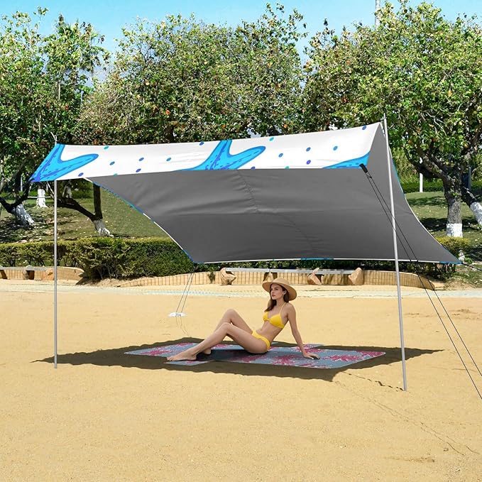 xigua Starfish Beach Tent Sun Shelter with Carrying Bag - Silver Coated Oxford Fabric Beach Canopy for Beach Camping Fishing - Includes Windproof Ropes Sandbags &amp Stakes
