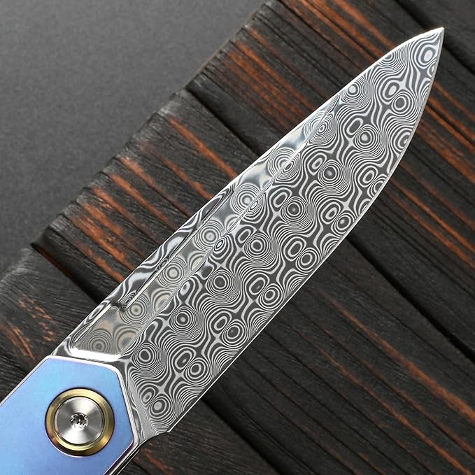 Sitivien ST245 Damascus Steel Folding Knives with Liner Lock Ball BearingTitanium Carbon Fiber Handle EDC Damascus Knife for Men Women(Blue)