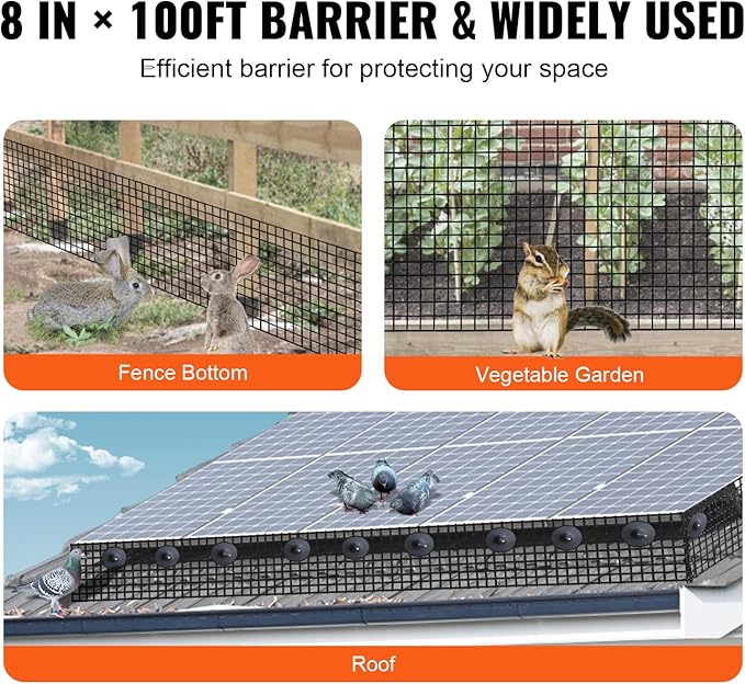 VEVOR Solar Panel Bird Guard 8inch x 98ft PVC Coated Wire Mesh Roll Kit with 100pcs Fasteners Critter Fence Pigeon Proofing Black