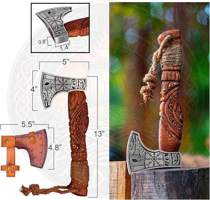 Hand Forged Viking Bearded Axe with Leather Sheath – Carbon Steel Blade Rosewood Handle – 13 Inch Nordic Axe Handmade Collectible for Him