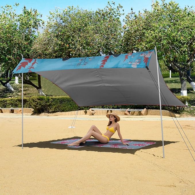 ALAZA Wolf Flower Red Leaf Beach Tent Sun Shelter UPF50+ Protection Beach Shade Canopy w/ 4 Sandbags for Outdoor Camping Fishing Backyard Fun Picnic 10x9 ft