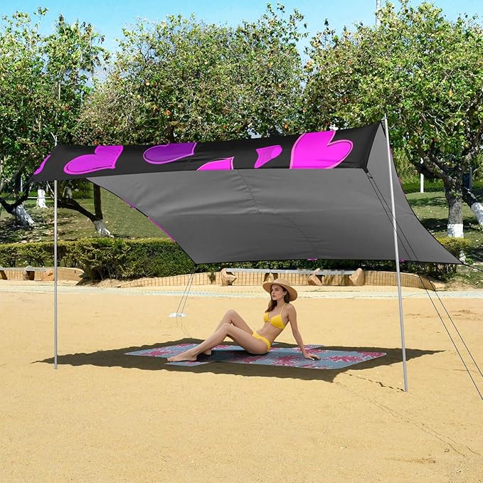 Beach Canopy with Windproof Ropes &amp Sandbags Beach Tent Sun Shade Sun Shelter for Camping Trips Fishing Backyard Fun or Picnics Heart