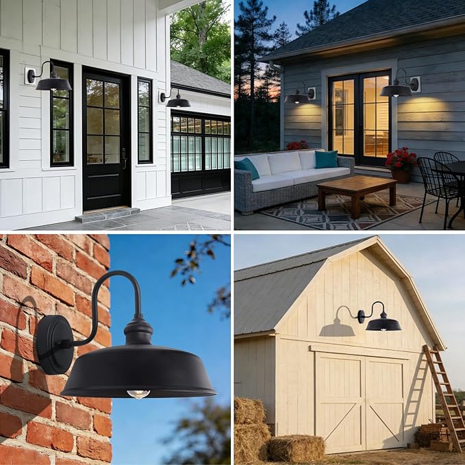 14 Dome Outdoor Barn Light Large Farmhouse Style Gooseneck Exterior Light Fixture Outdoor Wall Sconce Lighting with Wall Mount Rustic Black Porch Lights for Outside Garage Entryway