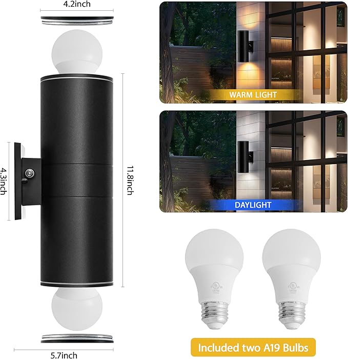 VINYAO Modern Cylinder Wall Lights 11.8 Up and Down Lights Matte BlackDusk to DawnOutdoor Wall LightWaterproofPorch Light Outdoor Light for PatioGarageDoorway