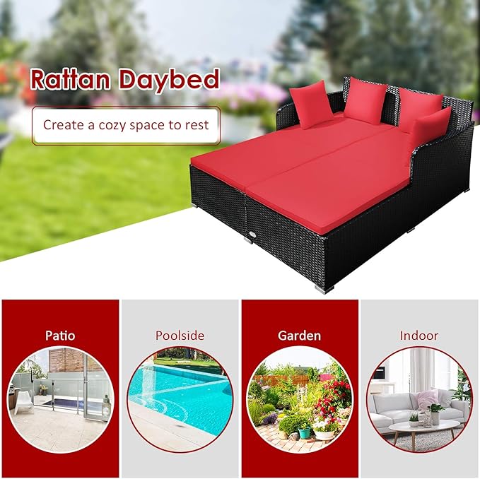Tangkula Outdoor Rattan Daybed Sunbed Wicker Furniture w/Spacious Seat Upholstered Cushion &amp High-Resilience Sponge Wicker Patio Sofa Set w/Extra Pillows for Courtyard Poolside(Red)