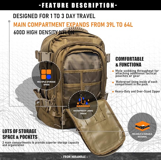Miramrax Tactical Backpack Military Army Daypack - Assault Pack for Men Molle Backpacks Bug Out Bag 3 Day Pack for Hiking Camping Travel Hunting Rucksack Trekking Coyote