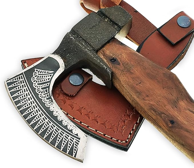 15 Inch long Bearded hiking Axe Carbon steel blade with laser etching Easy grip Rose wood round handle Leather sheath included