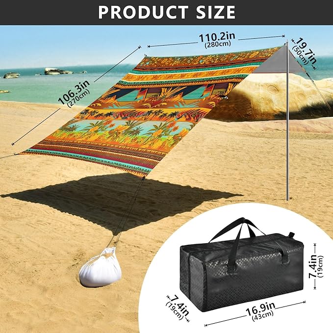 xigua Boho Tribal Aztec Beach Tent Sun Shelter with Carrying Bag - Silver Coated Oxford Fabric Beach Canopy for Beach Camping Fishing - Includes Windproof Ropes Sandbags &amp Stakes
