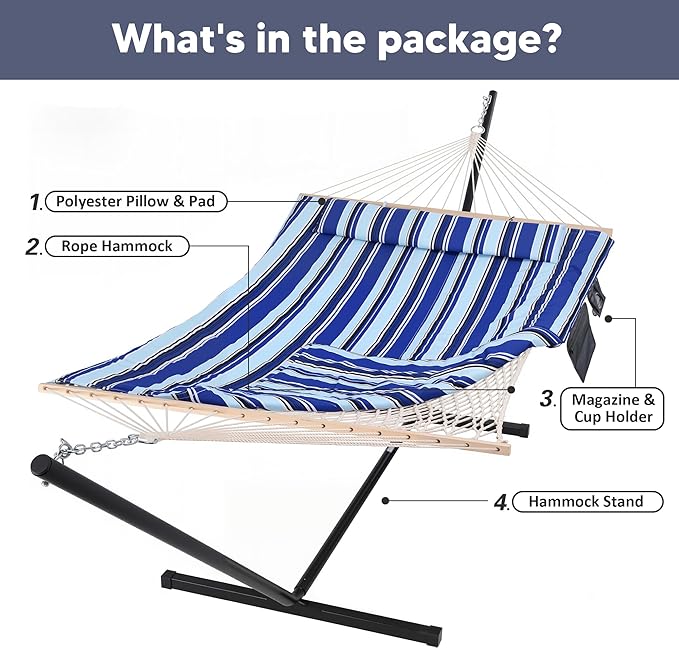 SUNCREAT Double Hammock with Stand Two Person Cotton Rope Hammock Blue Stripe
