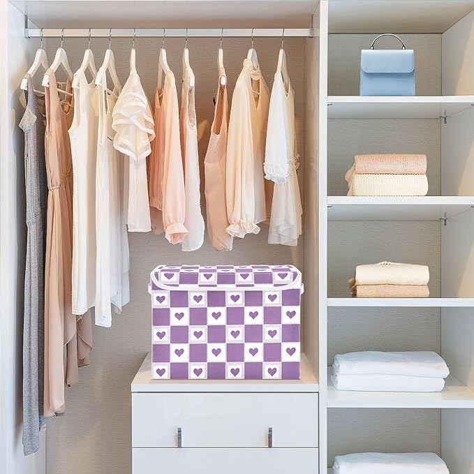 Cute Checkered Purple Hearts Storage Box with Lid 1 PC Foldable Storage Bin with Lids Stackable Storage Bins Cube Closet Organizer Basket with Flip-Top Lid &amp Handles for Shoes Books Towels