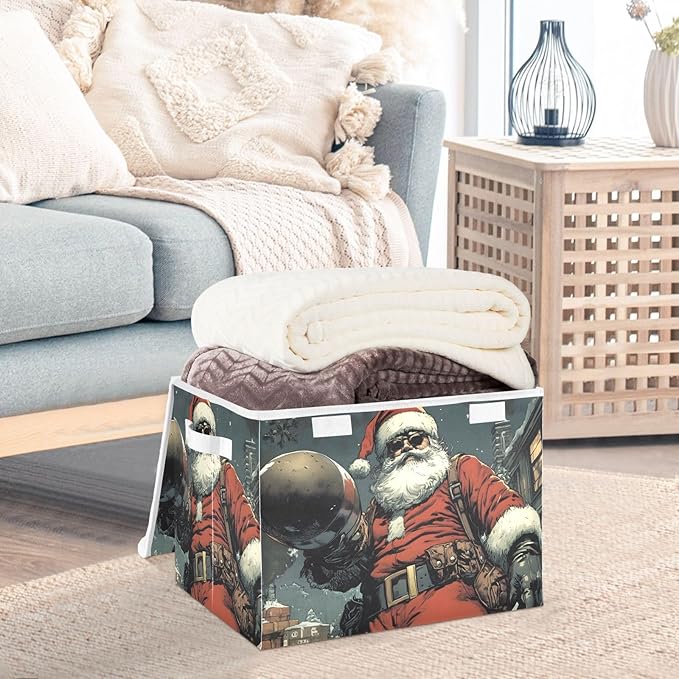 Storage Cube with Lid Cool Santa Christmas Print 16.5×12.6×11.8 IN Collapsible Large Capacity Foldable Storage Basket Bin Organizer