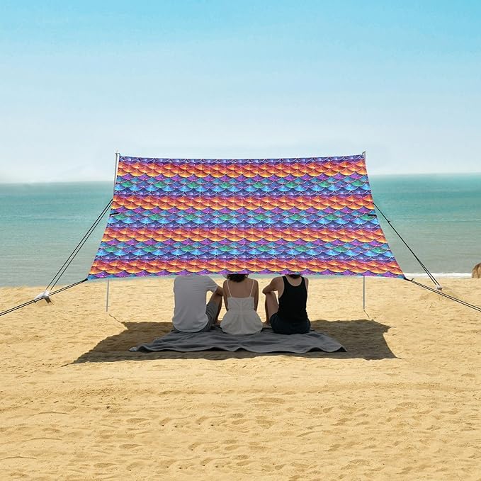 ALAZA Mermaid Print Rainbow Color Beach Tent Sun Shelter UPF50+ Protection Beach Shade Canopy w/ 4 Sandbags for Outdoor Camping Fishing Backyard Fun Picnic 10x9 ft
