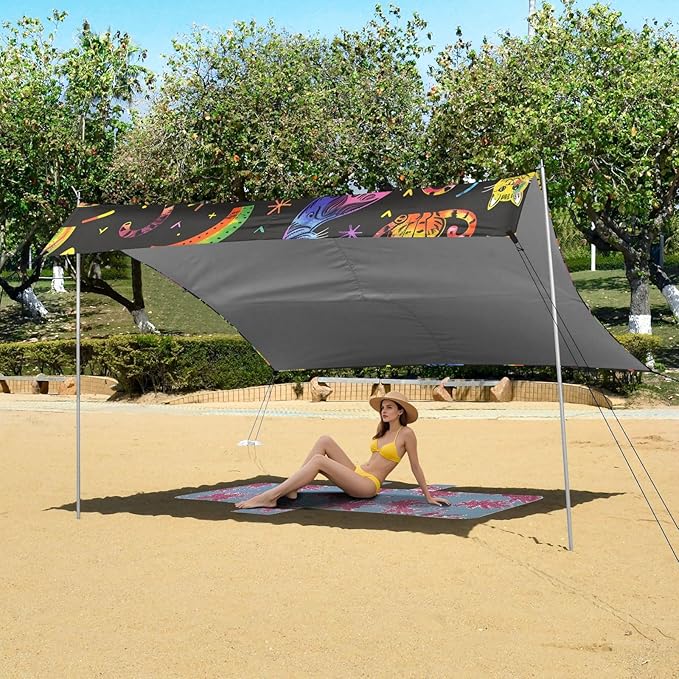 ALAZA Cat Rainbow Beach Tent Sun Shelter UPF50+ Protection Beach Shade Canopy w/ 4 Sandbags for Outdoor Camping Fishing Backyard Fun Picnic 10x9 ft